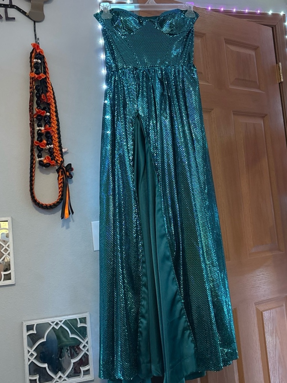Teal Sequin Strapless Gown
